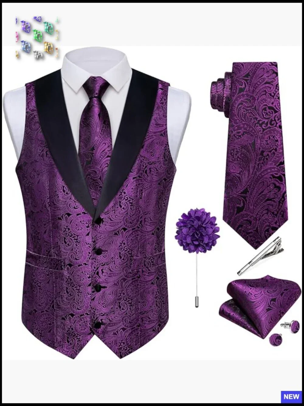 Silk Shawl Collar Vest and Tie Set Elegant Formal Wedding Paisley 7PCS
